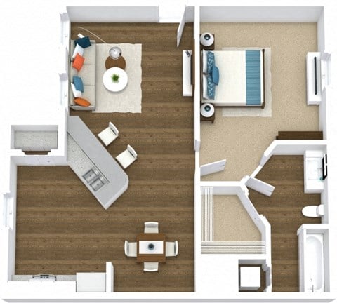 Floor plan for 1 bed, 1 bath, 678 sqft